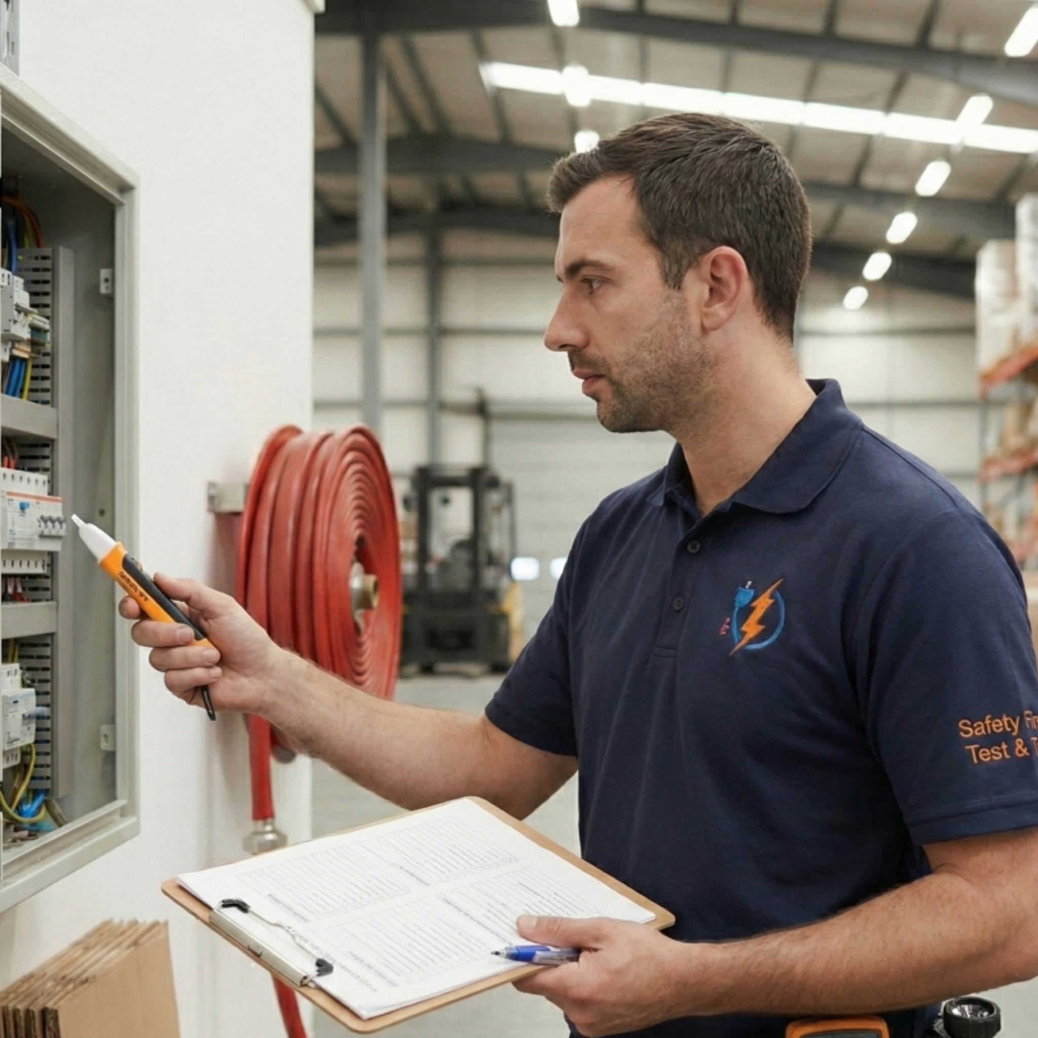 Technician reviewing ESM compliance logbook documentation on-site