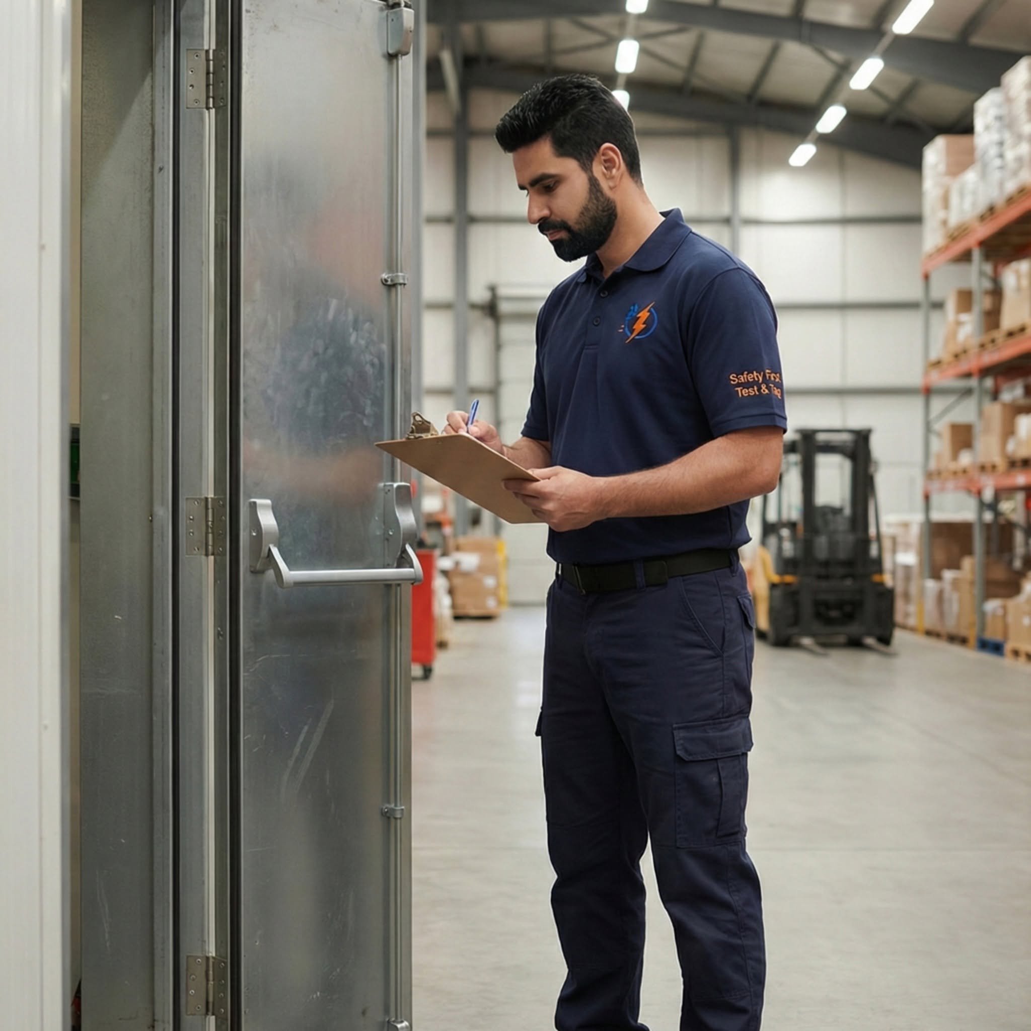 Accredited fire safety technician reviewing compliance documentation and preparing an annual report