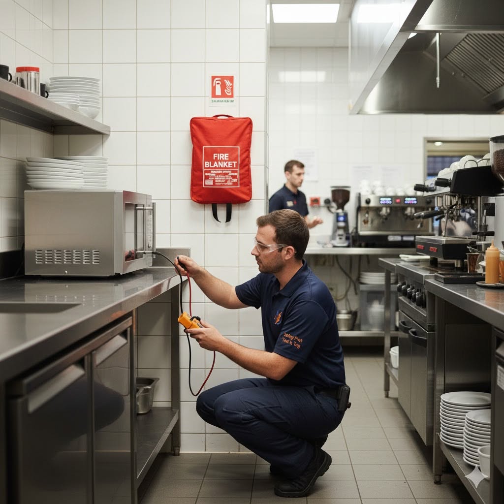 Fire safety compliance technician conducting routine testing on a wet chemical fire extinguisher in a Victorian commercial kitchen