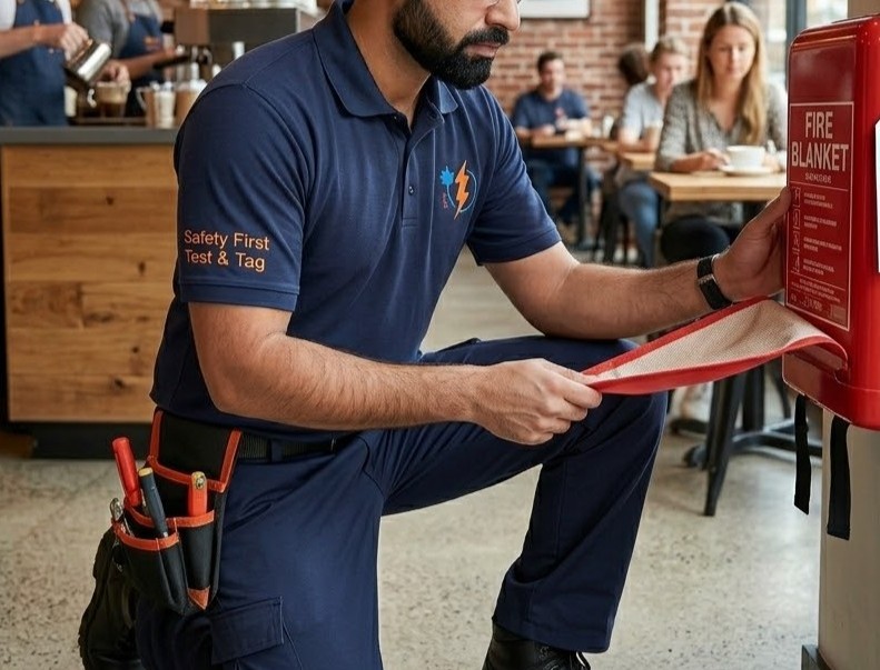 Accredited fire safety technician conducting commercial equipment inspection in Melbourne CBD