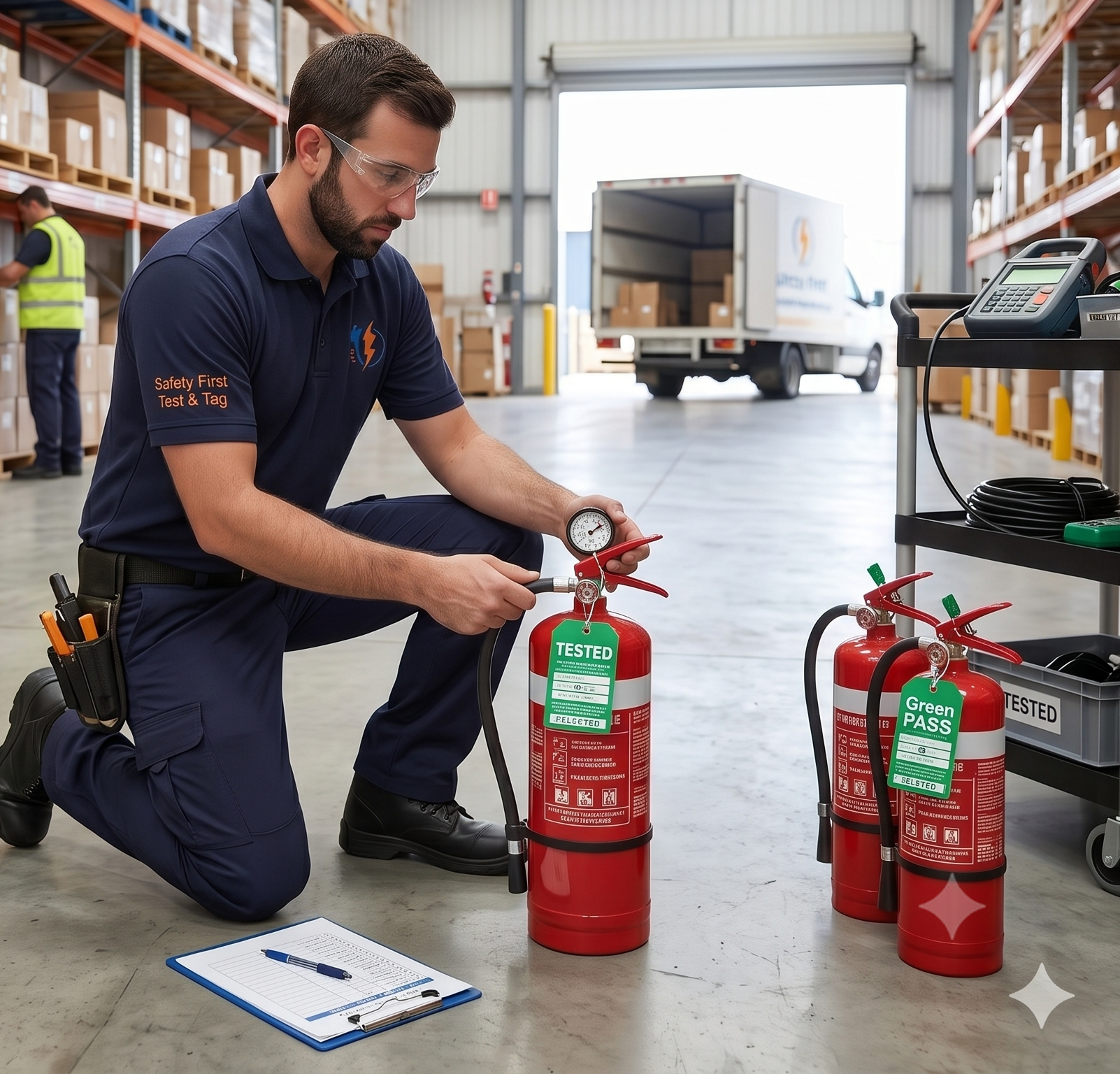 Technician inspecting pressure gauge on fire extinguisher