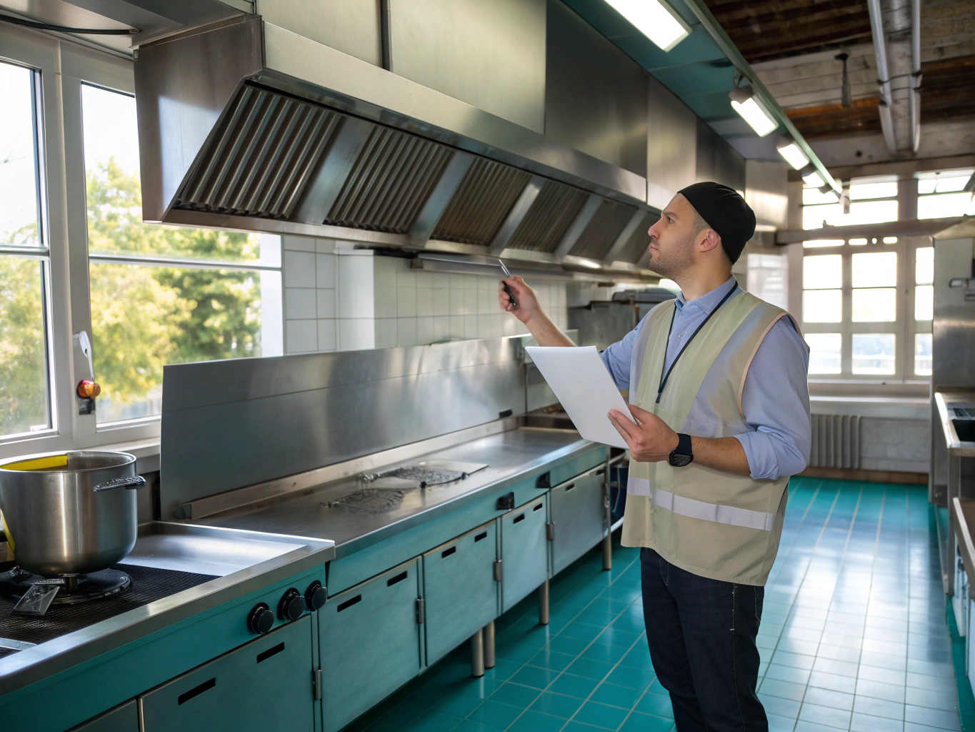 Certified fire safety technician inspecting a wall-mounted commercial fire blanket