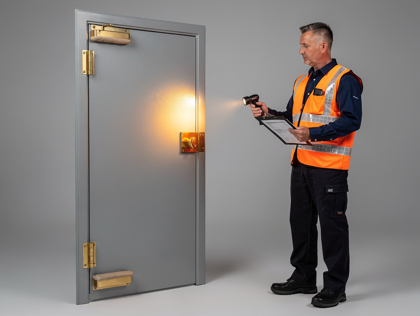 Certified technician inspecting a commercial fire door latch and safety seal