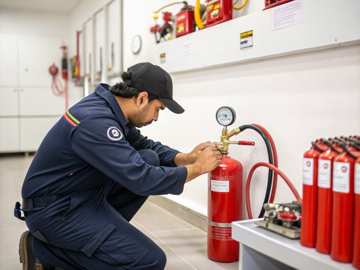 Accredited technician inspecting a commercial fire extinguisher pressure gauge in Victoria