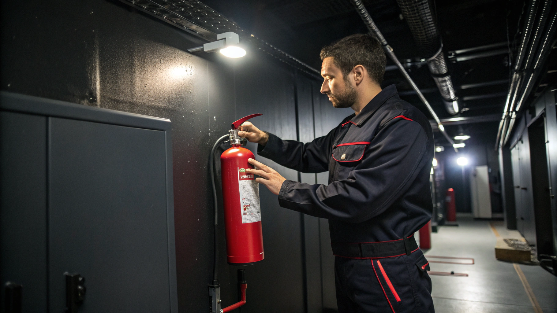 Accredited technician inspecting commercial fire safety equipment