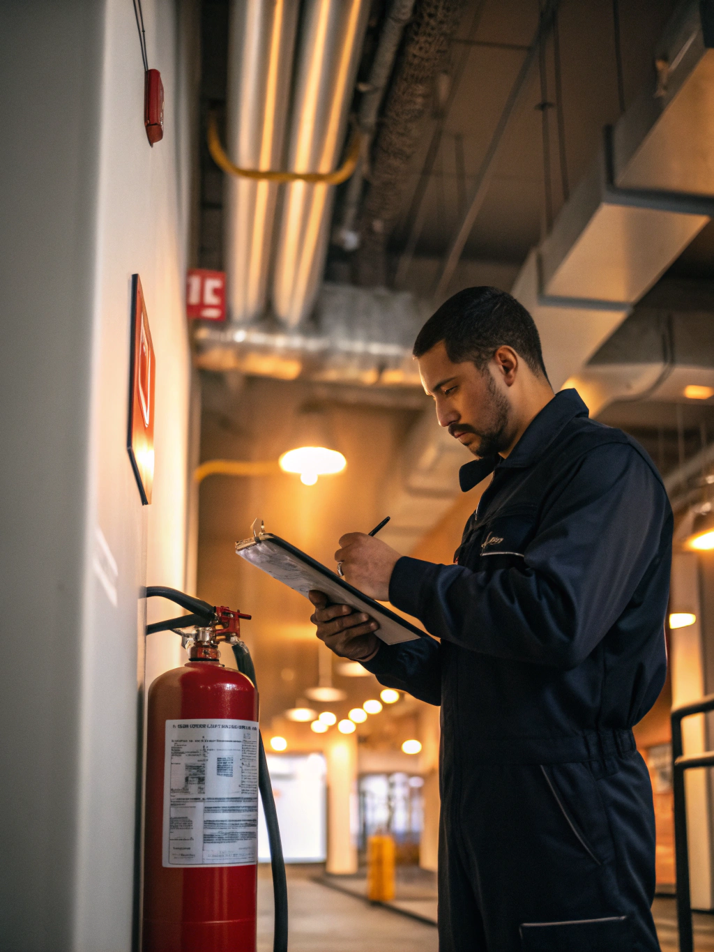 Accredited fire safety technician conducting commercial equipment routine testing
