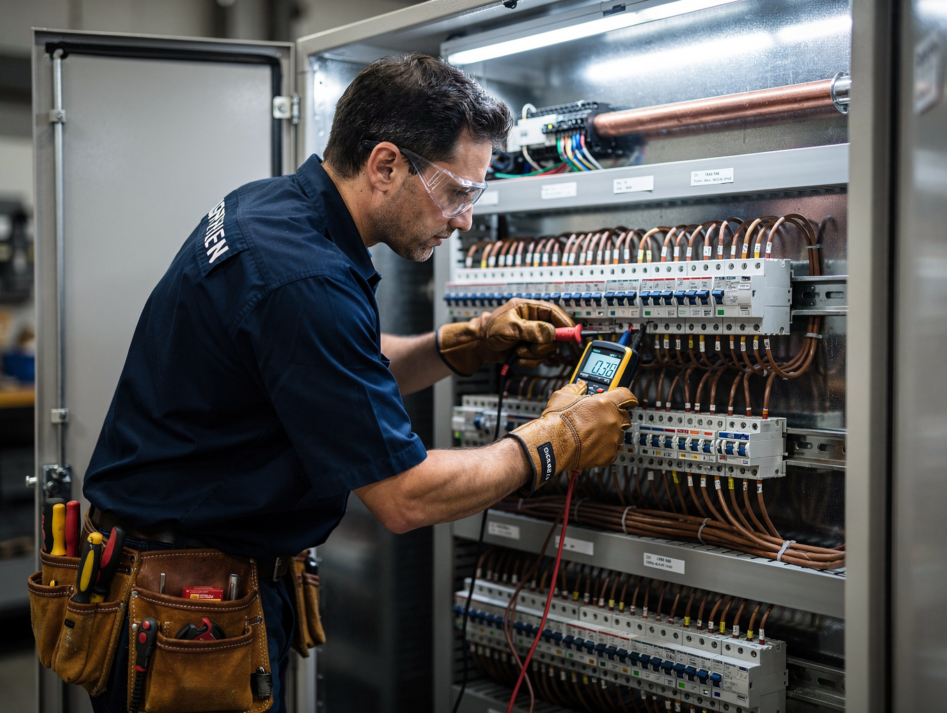 Electrician using a digital multifunction tester on a distribution board safety switch