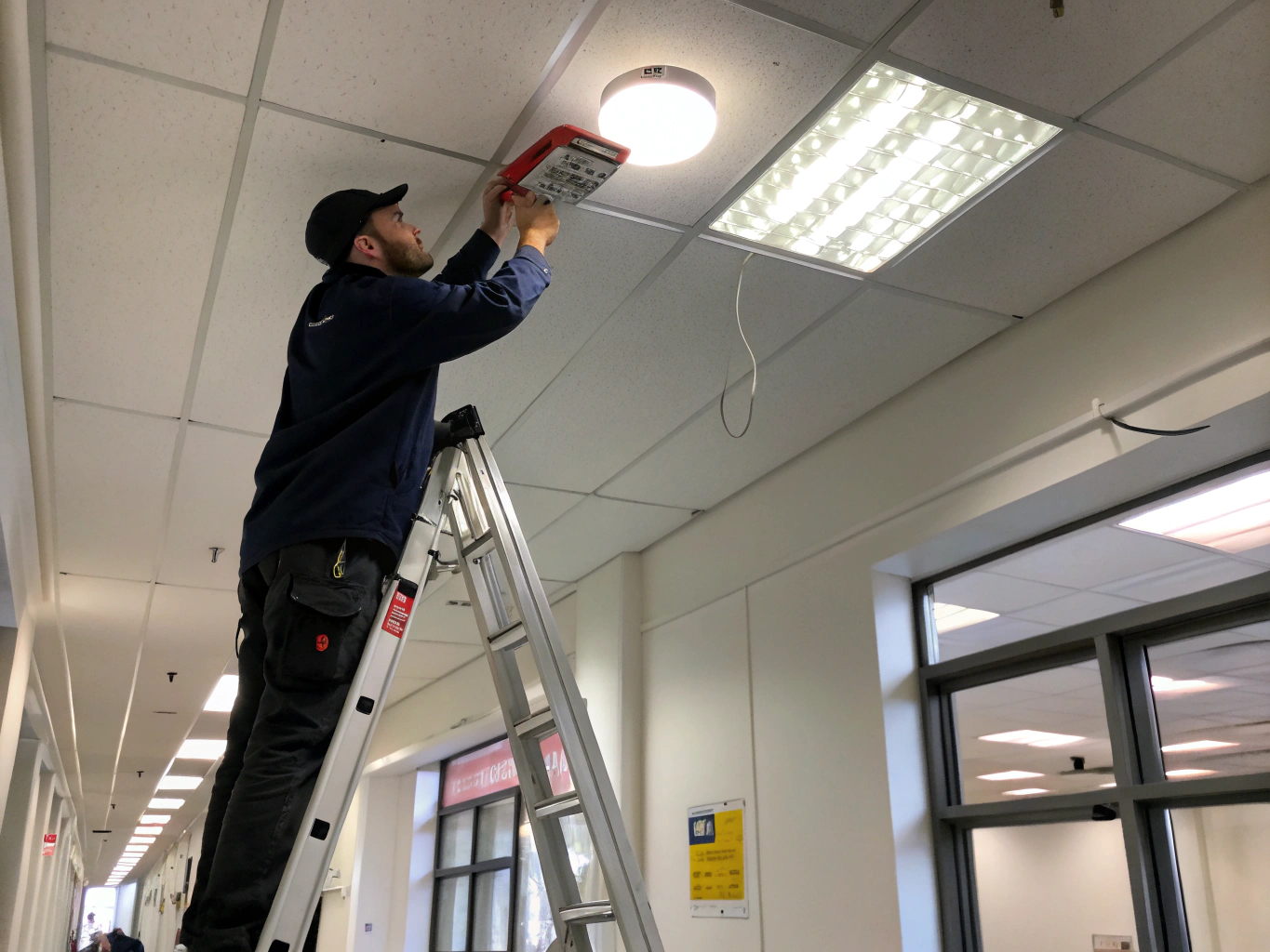 Certified fire safety technician conducting a 90 minute emergency exit light discharge inspection