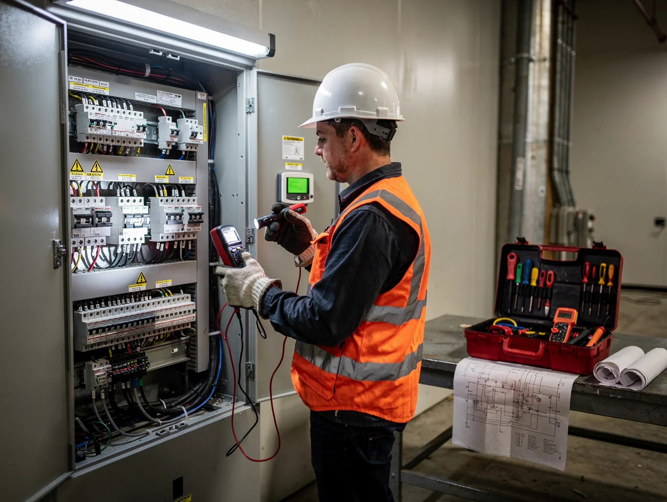 Electrical compliance inspector testing commercial 3-phase switchboard and industrial equipment